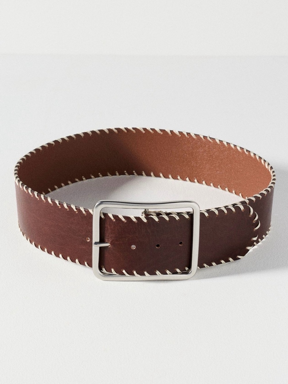 NWOT Anthropologie Brown Leather Low Slung Wipstich Belt (M/36")